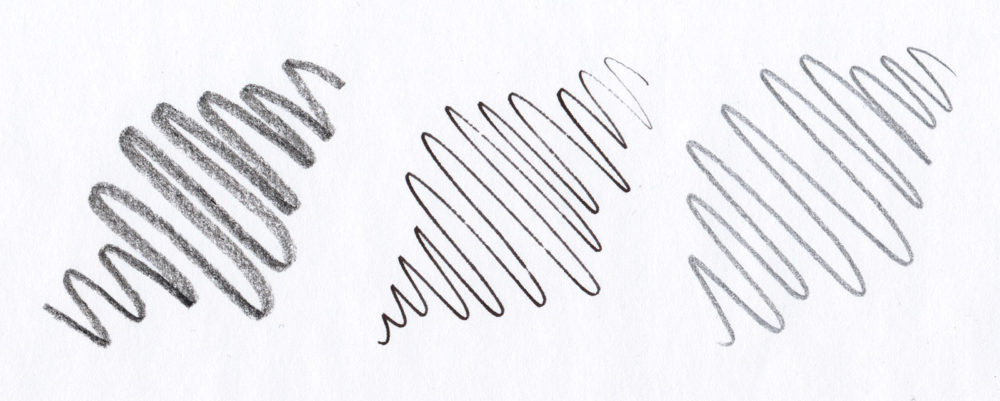 Kreslenie rôznymi materiálmi - zľava uhoľ, pero, ceruzka